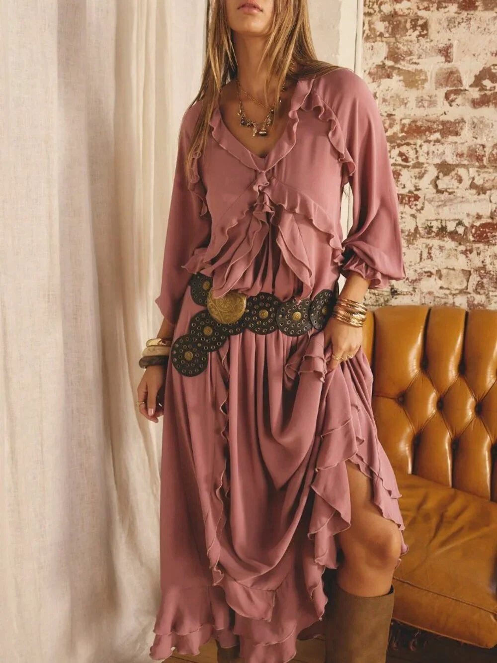 Dusty Pink Boho Beauty Women's Ruffled detailed Maxi Dress - Picture 5 of 11